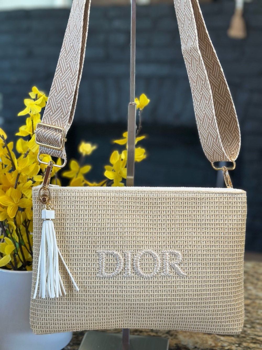 Dior Beige Woven Cosmetic Crossbody Bag with White Tassel gwp